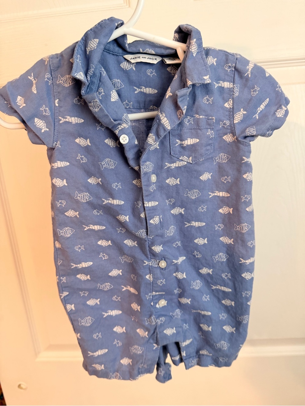 Janie & Jack Summer Fish Romper Linen Cotton Blend 3/6m Beach